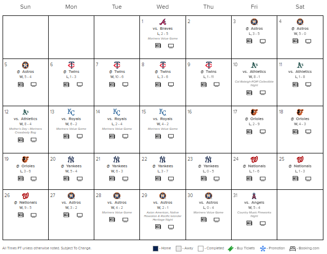 Seattle Mariners schedule for May 2024